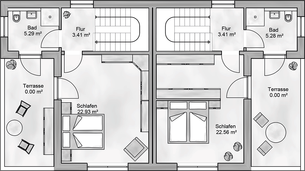 Doppelhaus Bauhaus Pretium mit Dachterrasse Grundriss Dachgeschoss