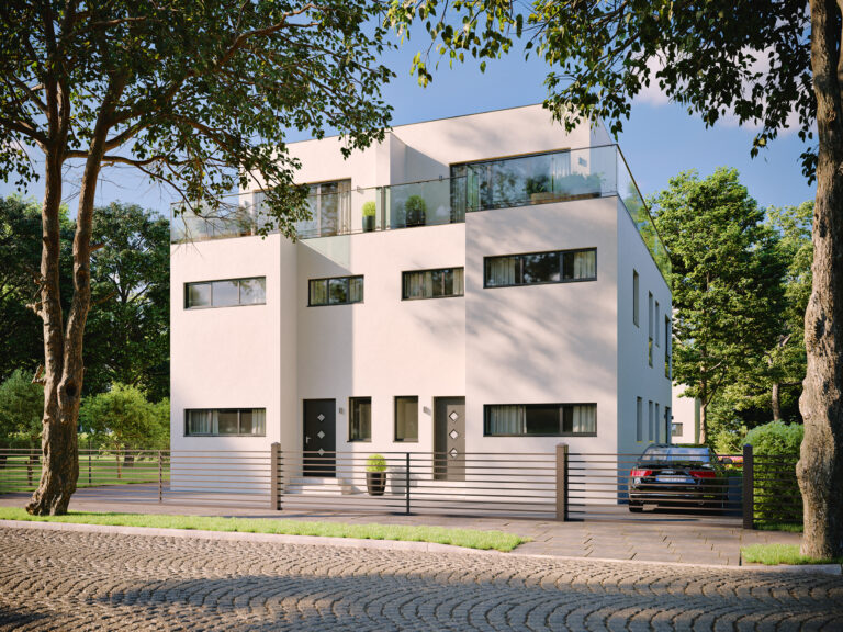 Bauhausvilla-Doppelhaus Mentis: Massivhaus mit Flachfach und Dachterrasse