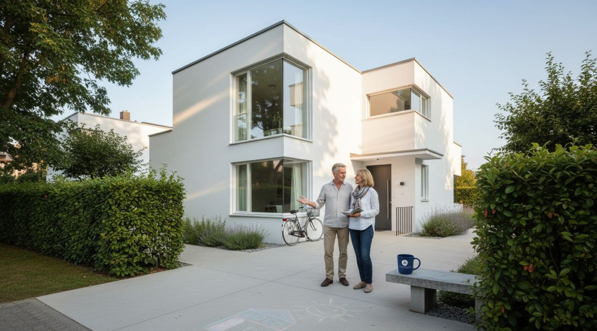 Ein Paar steht vor einer modernen Villa im Bauhaus-Stil.