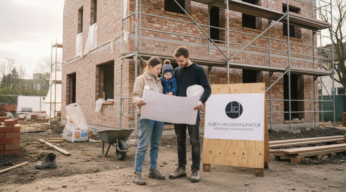 Junge Familie beim Bau ihres Eigenheims aus Backstein in Berlin