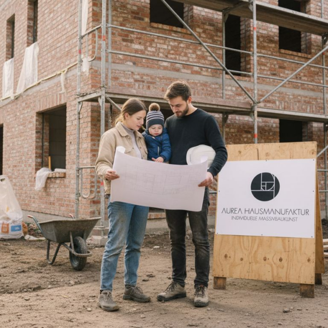 Junge Familie beim Bau ihres Eigenheims aus Backstein in Berlin