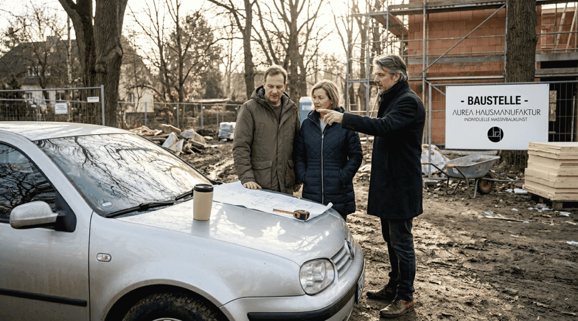 Ein Paar bespricht gemeinsam mit dem Architekten die Baupläne für ihr neues Zuhause.