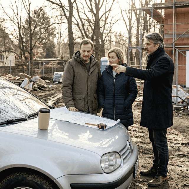 Ein Paar bespricht gemeinsam mit dem Architekten die Baupläne für ihr neues Zuhause.
