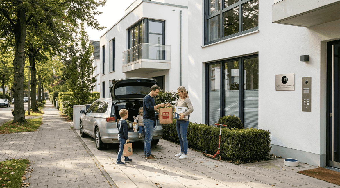 Eine Familie genießt gemeinsam den Vorgarten ihrer modernen Stadtvilla.
