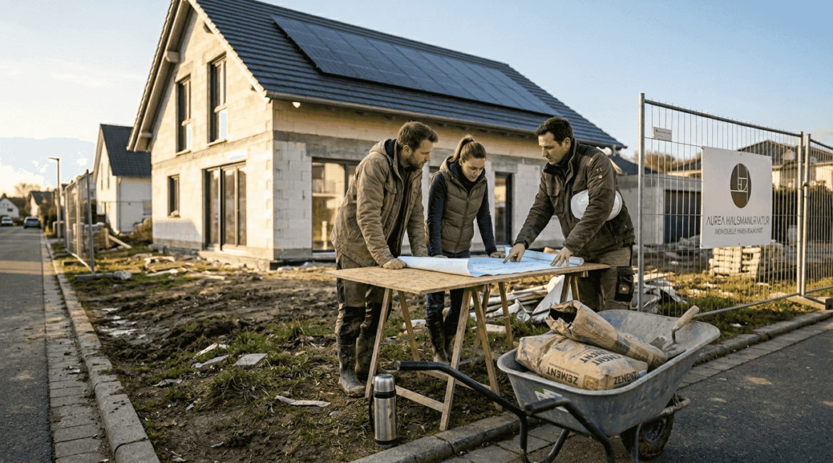 Ein Ehepaar steht gemeinsam mit dem Bauleiter vor dem Rohbau ihres zukünftigen Hauses, auf dessen Dach bereits eine Solaranlage installiert ist.