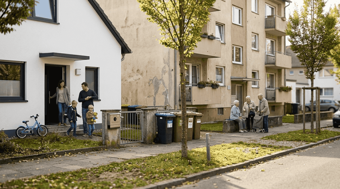 Straßenansicht von Einfamilienhäusern und Mehrfamilienhäusern