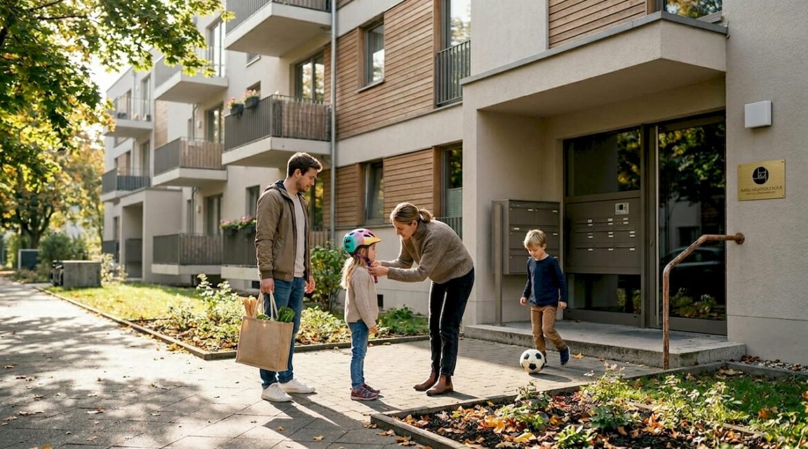 Eine Familie steht vor ihrem Mehrfamilienhaus.