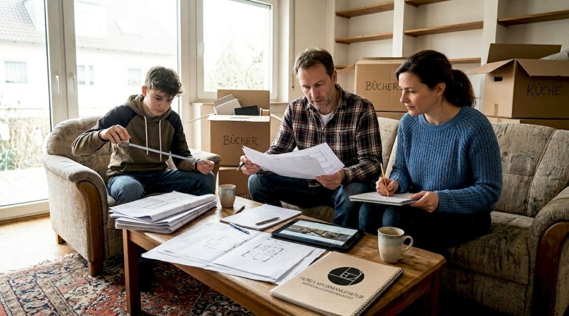 Im Wohnzimmer schmiedet die Familie Pläne für ihr neues Haus.