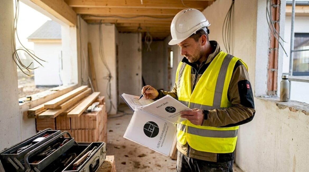 Der Bauleiter verschafft sich auf der laufenden Baustelle einen Überblick und überprüft die Baupläne vor Ort.