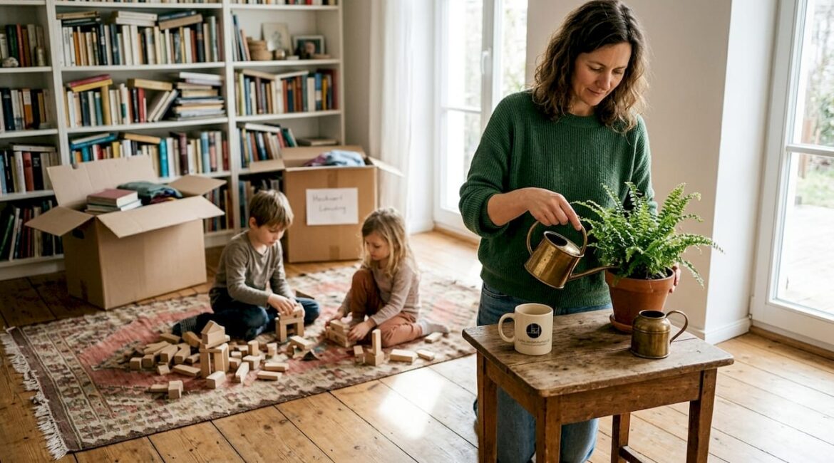 Eine Familie verbringt gemeinsame Zeit im Wohnzimmer ihres Einfamilienhauses.