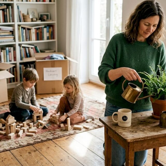 Eine Familie verbringt gemeinsame Zeit im Wohnzimmer ihres Einfamilienhauses.