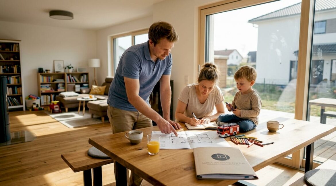 Am Esstisch sitzt die ganze Familie zusammen und tüftelt gemeinsam am Grundriss für ihr neues Zuhause.