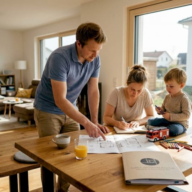 Am Esstisch sitzt die ganze Familie zusammen und tüftelt gemeinsam am Grundriss für ihr neues Zuhause.