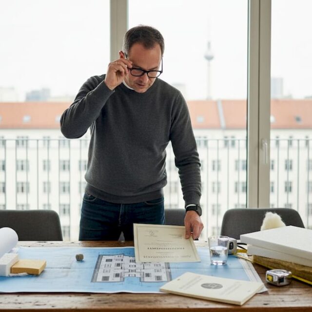 Ein Architekt prüft die Pläne für ein energiesparendes Wohnhaus.