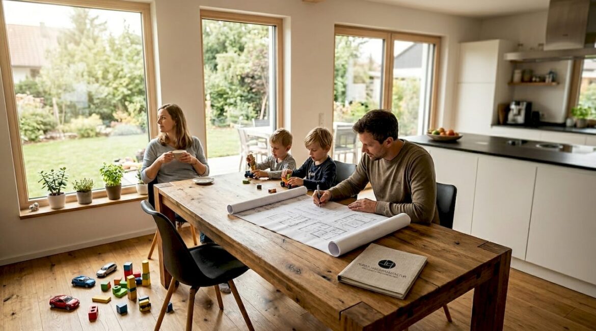 Eine Familie genießt gemeinsame Zeit am Esstisch in ihrem nachhaltigen Massivholzhaus.