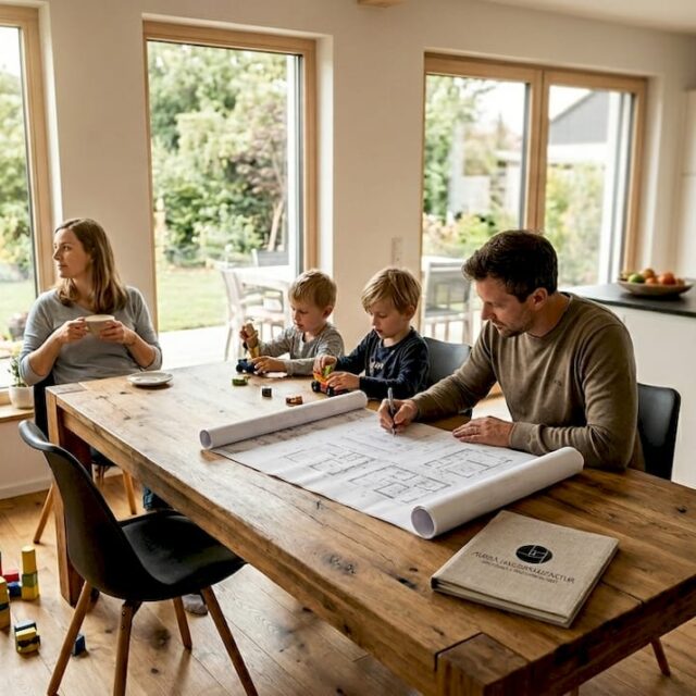 Eine Familie genießt gemeinsame Zeit am Esstisch in ihrem nachhaltigen Massivholzhaus.