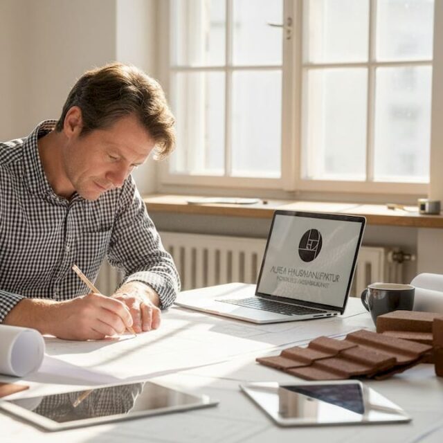 Im Büro geht der Architekt seine Baupläne durch und macht sich dabei handschriftliche Notizen.