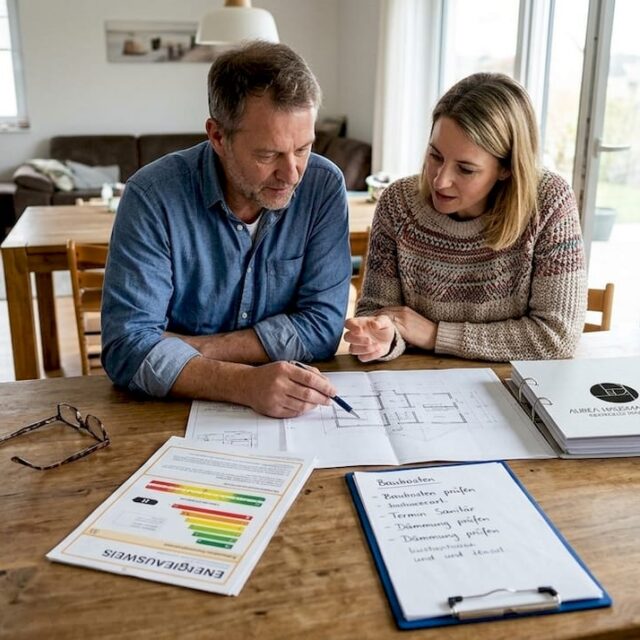 Ein Paar sitzt gemeinsam am Küchentisch und geht die Baupläne für ihr zukünftiges Haus durch.