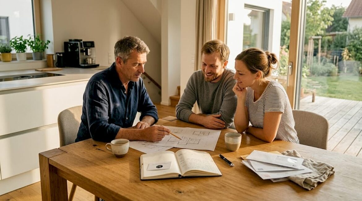 Der Architekt setzt sich mit der Familie zusammen, um gemeinsam die Wünsche und Vorstellungen für ihr neues Zuhause zu besprechen.