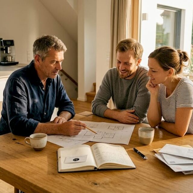 Der Architekt setzt sich mit der Familie zusammen, um gemeinsam die Wünsche und Vorstellungen für ihr neues Zuhause zu besprechen.
