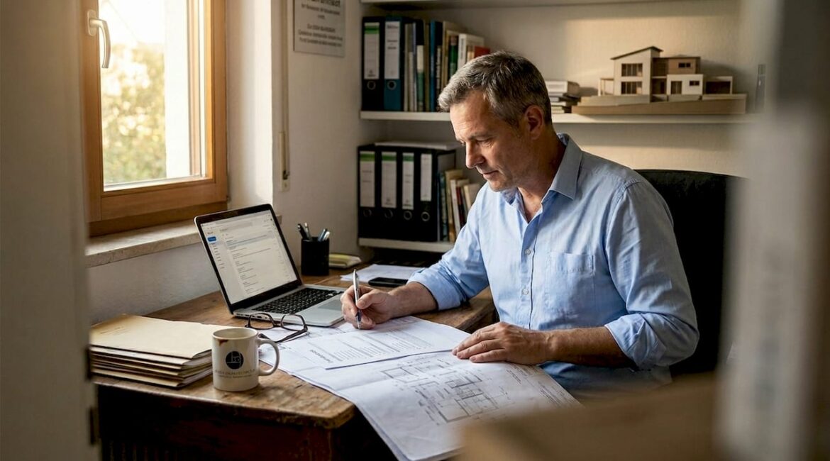 Ein Mann studiert sorgfältig die Baupläne für sein zukünftiges Haus.