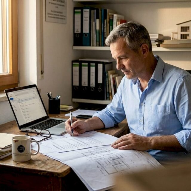 Ein Mann studiert sorgfältig die Baupläne für sein zukünftiges Haus.