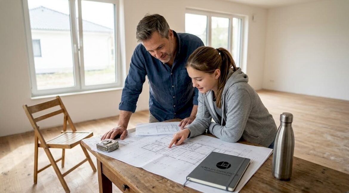Eine Familie plant gemeinsam den Grundriss für ihr neues Zuhause.
