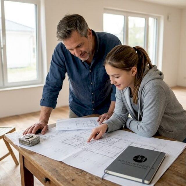 Eine Familie plant gemeinsam den Grundriss für ihr neues Zuhause.