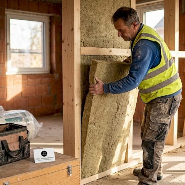 Ein Handwerker bringt Dämmmaterial an den Wänden eines Ziegelhauses an.