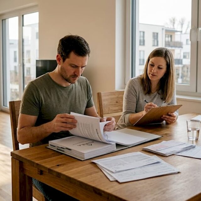 Eine Familie setzt sich intensiv mit der Finanzierung ihres Eigenheims auseinander.