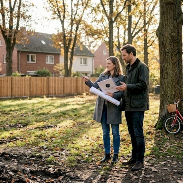 Eine Familie bespricht auf ihrem Grundstück gemeinsam die Baupläne für ihr neues Zuhause.