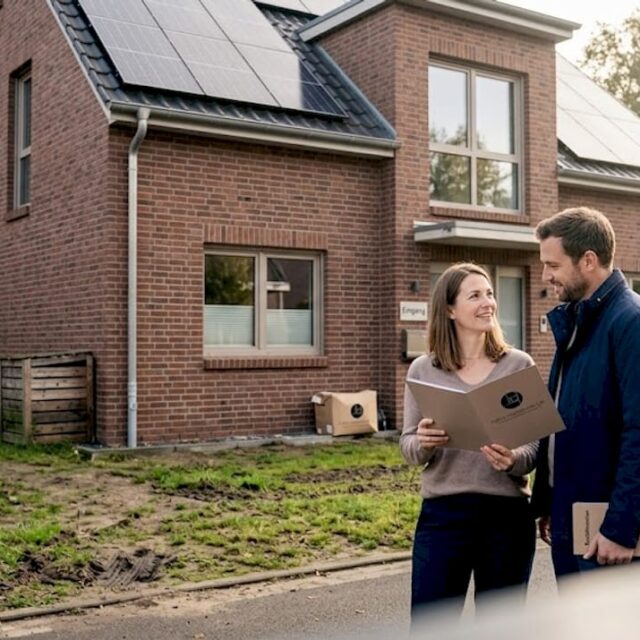 Ein Paar steht vor ihrem modernen, energieeffizienten Klinkerhaus und genießt die frische Luft.
