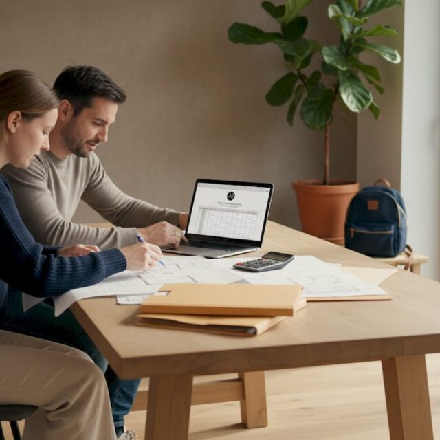 Ein Ehepaar schmiedet Hausbaupläne gemütlich am eigenen Wohnzimmertisch.