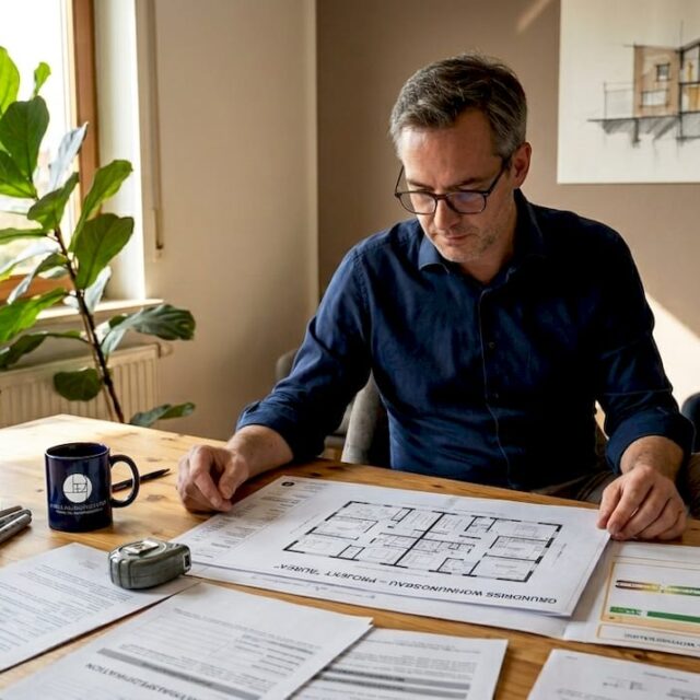 Ein Architekt prüft Baupläne auf ihre Energieeffizienz.