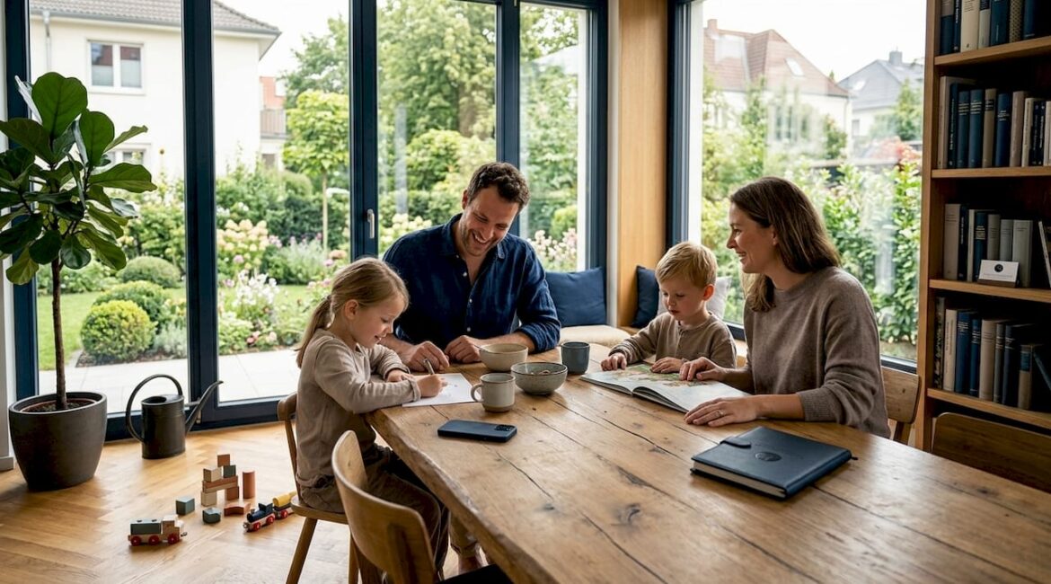 Eine Familie genießt gemeinsame Zeit am Esstisch in ihrem ökologisch gebauten Massivhaus im Herzen Berlins.