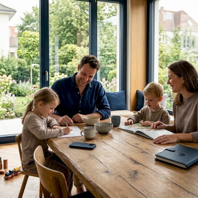 Eine Familie genießt gemeinsame Zeit am Esstisch in ihrem ökologisch gebauten Massivhaus im Herzen Berlins.