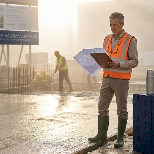 Ein Investor verschafft sich vor Ort einen Überblick über die Baupläne.