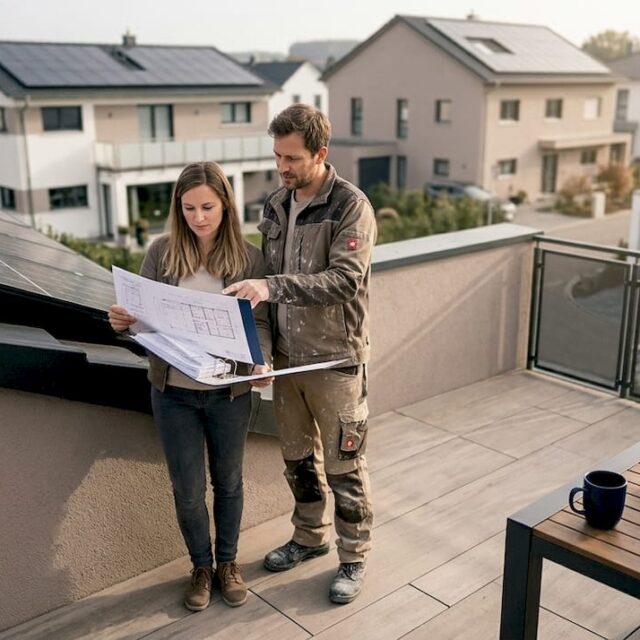 Ein Ehepaar begutachtet die frisch installierte Solaranlage an ihrem Neubau.