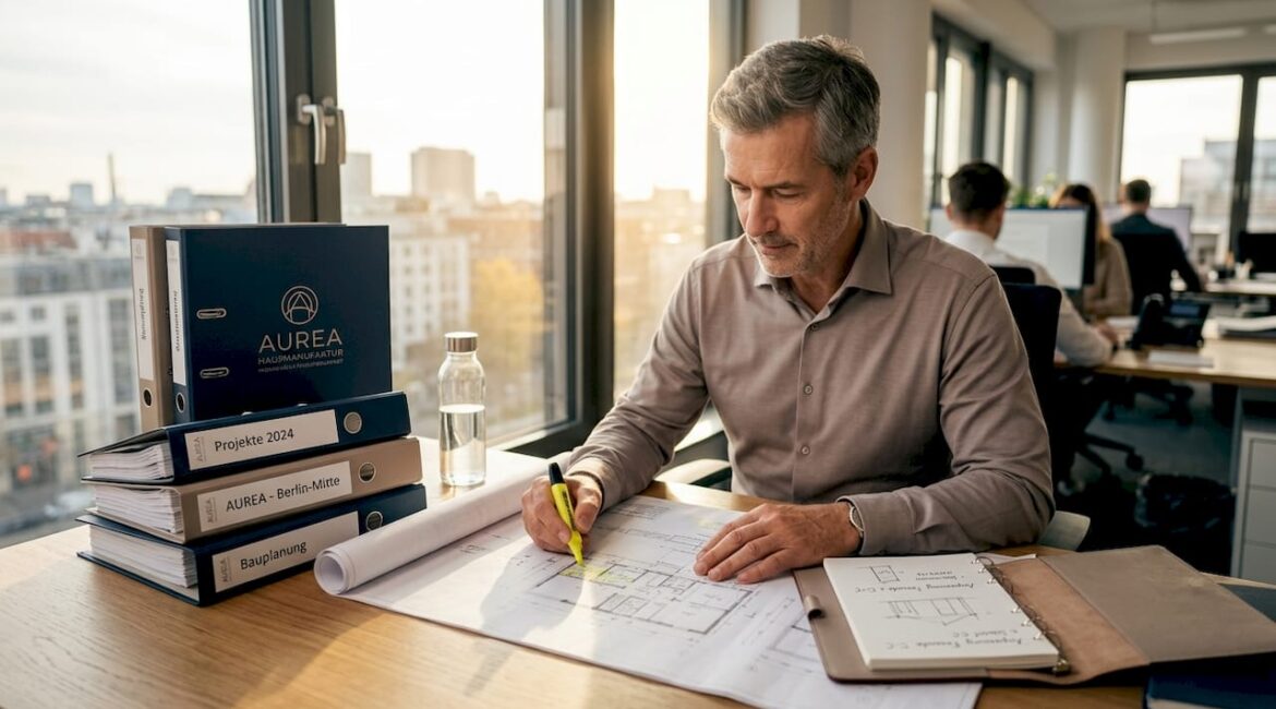 Im Büro feilt der Projektentwickler an den Bauplänen und bringt neue Ideen auf Papier.