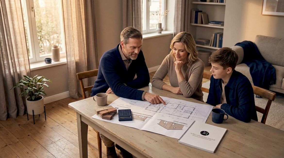Am Esstisch bespricht die Familie gemeinsam die Baupläne für ihr neues Zuhause.
