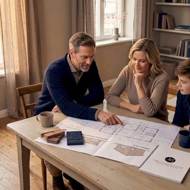 Am Esstisch bespricht die Familie gemeinsam die Baupläne für ihr neues Zuhause.