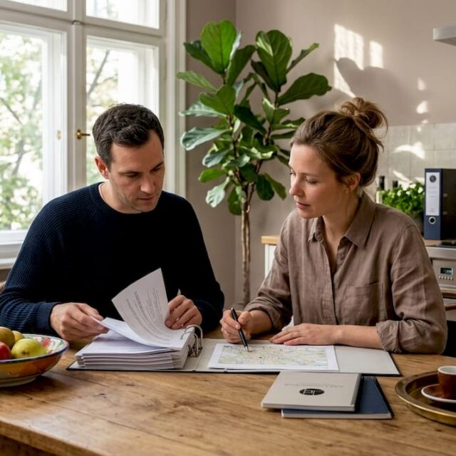 Ehepaar bespricht potenzielles Grundstück beim Abendessen