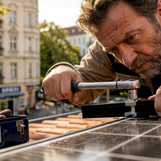 In Berlin lässt ein Hauseigentümer sein Dach mit Solaranlagen ausstatten.