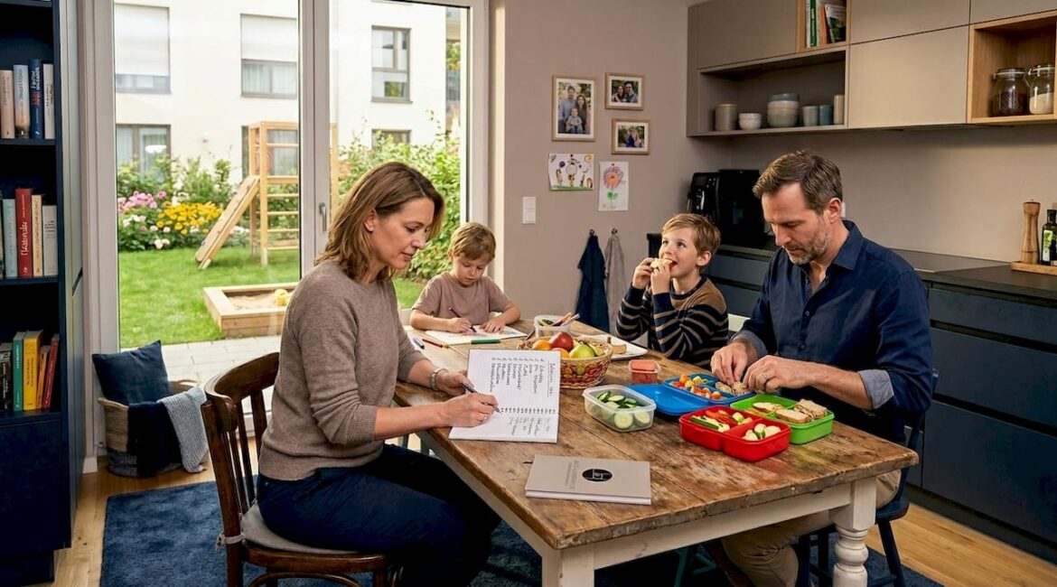 Eine Familie startet gemeinsam in den Tag – der ganz normale Morgen in ihrer Stadtwohnung.