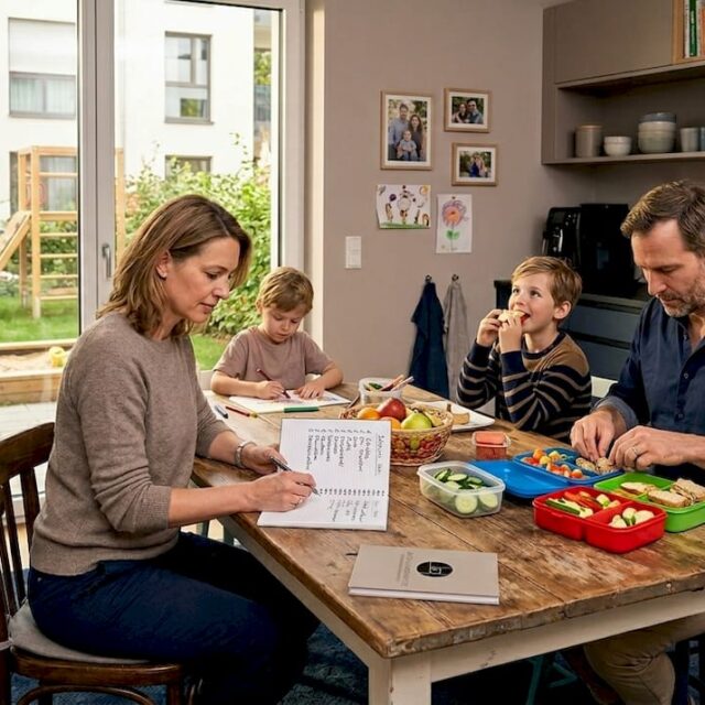 Eine Familie startet gemeinsam in den Tag – der ganz normale Morgen in ihrer Stadtwohnung.