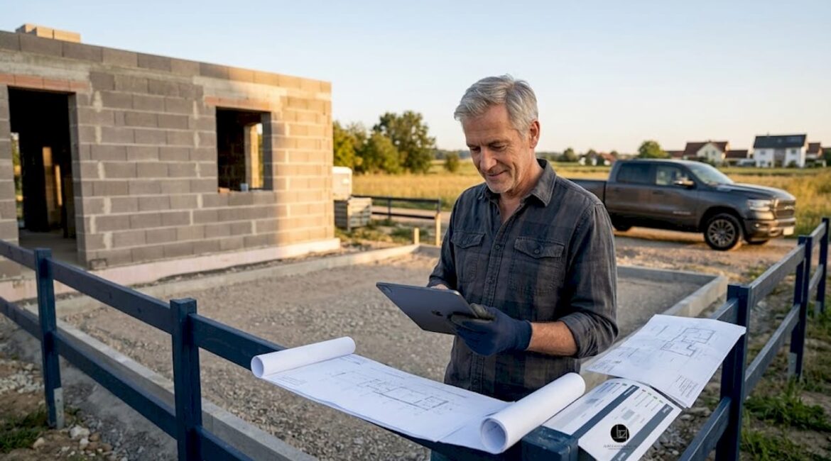 Der Bauleiter überprüft die Pläne direkt auf der Baustelle mit seinem Tablet.