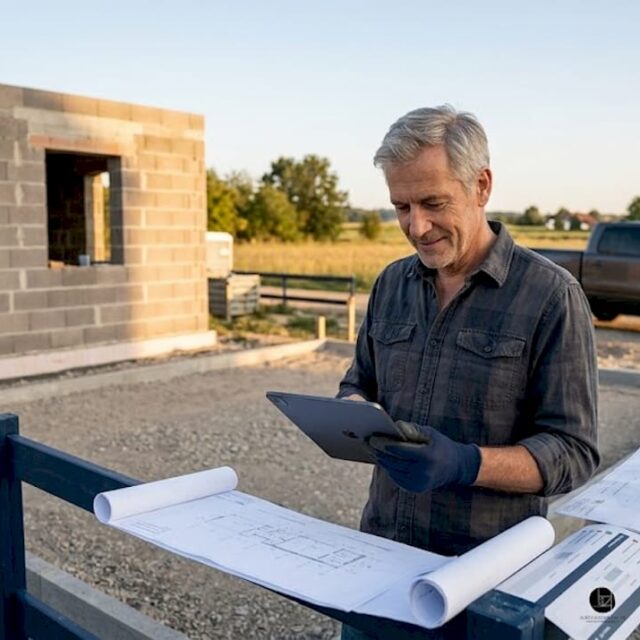 Der Bauleiter überprüft die Pläne direkt auf der Baustelle mit seinem Tablet.