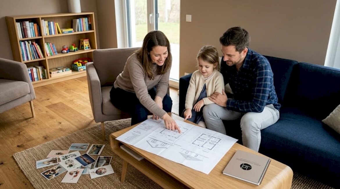 Eine Familie studiert gemeinsam die Baupläne in ihrem modernen Bungalow.