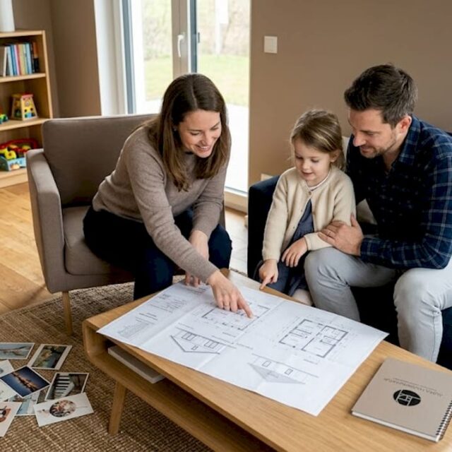 Eine Familie studiert gemeinsam die Baupläne in ihrem modernen Bungalow.