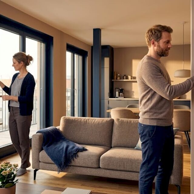 Ein Paar stellt die Heizung im gemütlichen Wohnzimmer auf die gewünschte Temperatur ein.